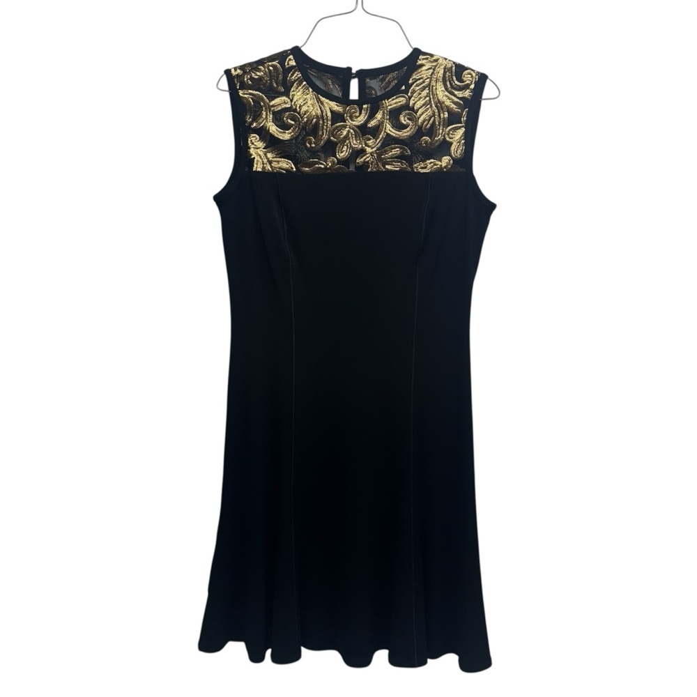 EVA VARRO SEQUNYOKE Elegant Black and Gold Sleeveless Dress SIZE M NWT